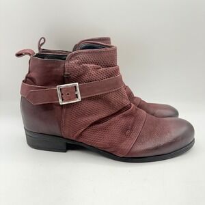 Miz Mooz Suzy Wide Burgundy Leather Ruched Ankle Boots Buckle Zip Womens 42